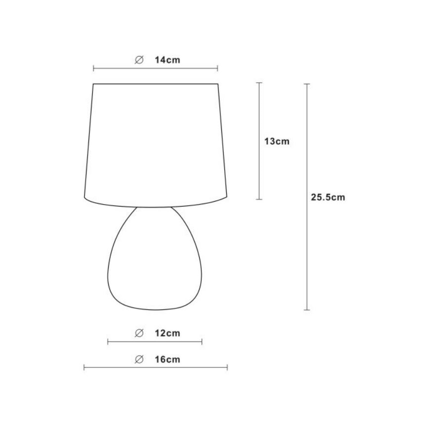 Stolová lampa s kužeľovitým tienidlom a oválnym podstavcom stojí na stole. Rozmery: priemer tienidla 14 cm, výška tienidla 13 cm, výška lampy 25,5 cm, priemer podstavca 12 cm a šírka podstavca 16 cm.