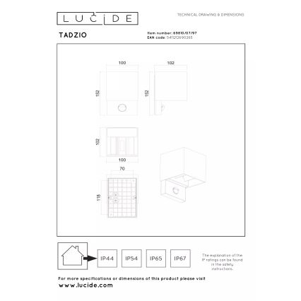 Lucide 69810/07/97 - LED Vonkajšie nástenné svietidlo s pohybovým senzorom TADZIO LED/7W/230V IP65