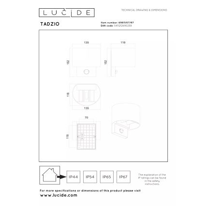 Lucide 69811/07/97 - LED Vonkajšie nástenné svietidlo so snímačom pohybu TADZIO LED/7W/230V IP65