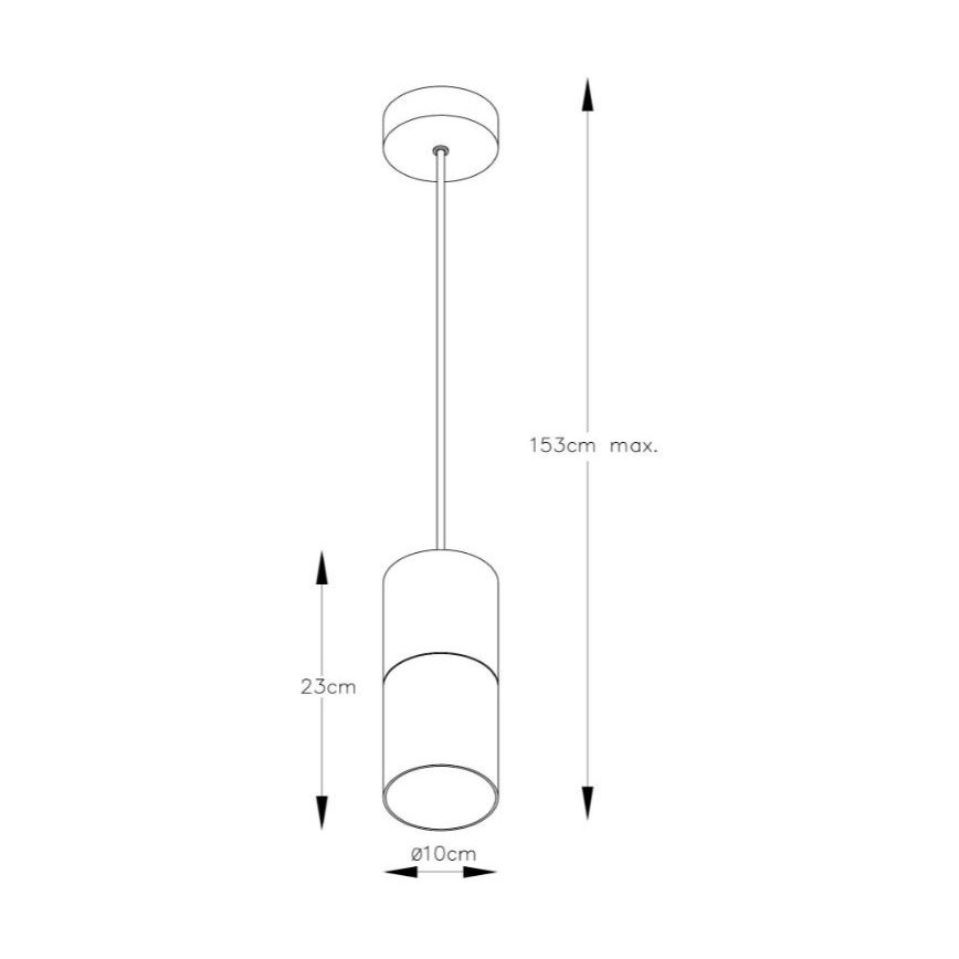 Závesné svietidlo s valcovým tienidlom visí zo stropu. Tienidlo má priemer 10 cm a výšku 23 cm. Celková dĺžka svietidla je maximálne 153 cm.