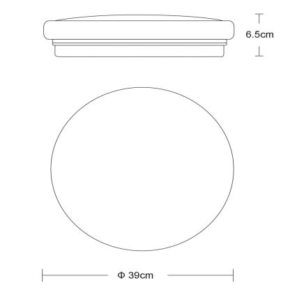 Technický nákres kruhového stropného svietidla s priemerom 39 cm a výškou 6,5 cm. Je zobrazený pohľad zhora a z boku.