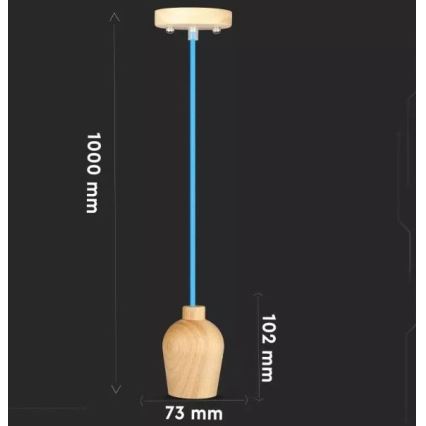 Drevená závesná lampa visí na svetlomodrom kábli. Spodná časť lampy má tvar zvona, rozmery 73x102 mm. Celková dĺžka je 1000 mm.