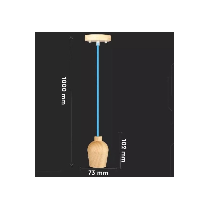 Drevená závesná lampa visí na svetlomodrom kábli. Spodná časť lampy má tvar zvona, rozmery 73x102 mm. Celková dĺžka je 1000 mm.