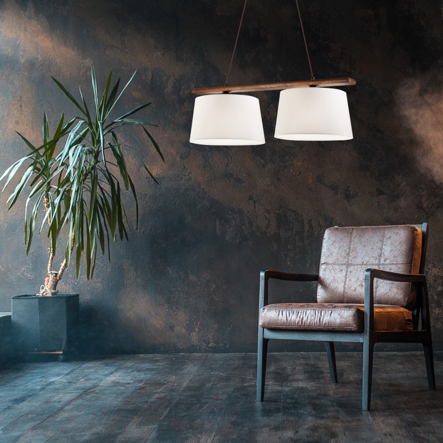 Dvojité závesné svietidlo s bielymi tienidlami visí v miestnosti. Kožené kreslo sedí pred tmavou stenou. Vedľa kresla rastie zelená rastlina v kvetináči.