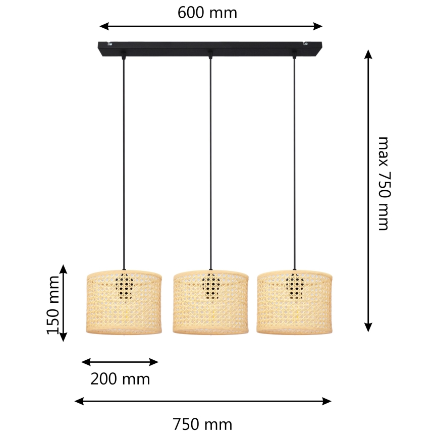 Luster na lanku ALBA 3xE27/15W/230V ratan/čierna