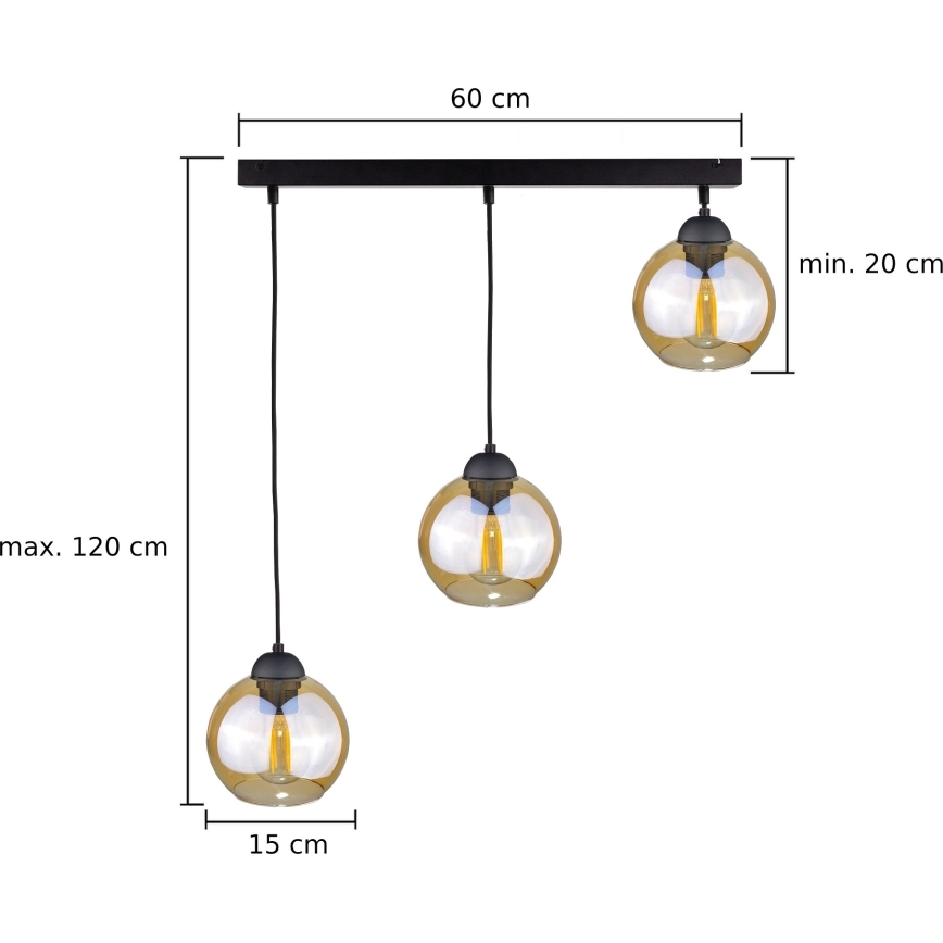 Luster na lanku AMBRE BLACK 3xE27/60W/230V čierna/dymová hnedá