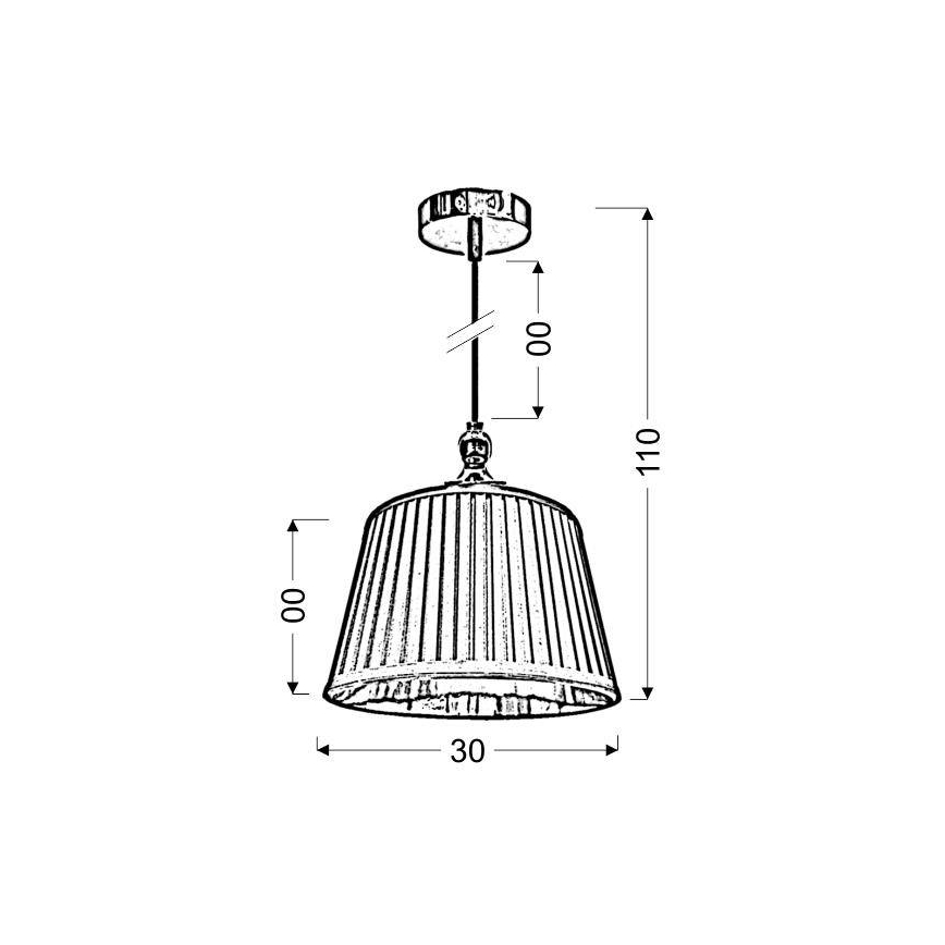 Závesné svietidlo s rebrovaným tienidlom visí zo stropu. Rozmery: výška 110, priemer tienidla 30 cm. Výška tienidla 60 cm.