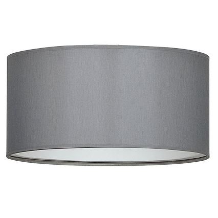 Sivý textilný tienidlo valcovitého tvaru s bielym vnútorným okrajom. Tienidlo je umiestnené na bielom pozadí.