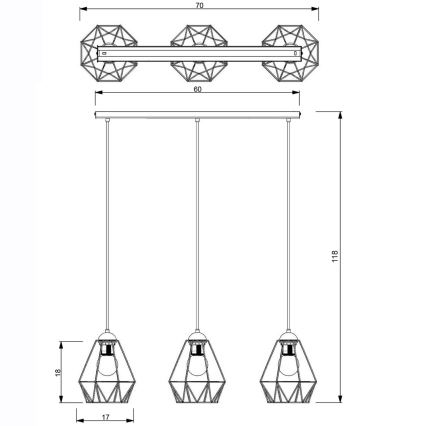 Luster na lanku BERGEN 3xE27/60W/230V čierna/zlatá