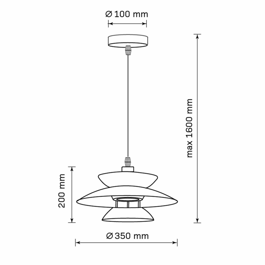 Závesné svietidlo s dvojitým tienidlom, priemer spodného tienidla 350 mm, výška 200 mm, maximálna dĺžka kábla 1600 mm, priemer stropnej rozety 100 mm.
