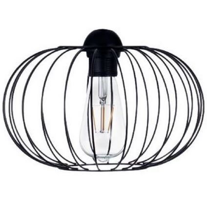 Svietidlo s kovovou sieťovanou tienidlom v tvare gule, drží žiarovku. Čierna farba, jednoduchý dizajn.