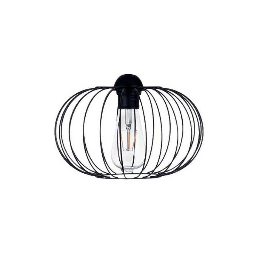 Svietidlo s kovovou sieťovanou tienidlom v tvare gule, drží žiarovku. Čierna farba, jednoduchý dizajn.