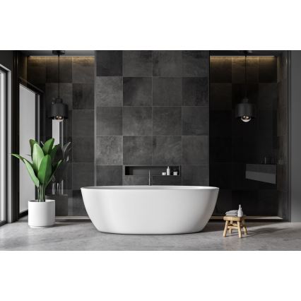 Biela voľne stojaca vaňa stojí v modernej kúpeľni s tmavosivou dlažbou. Dve čierne závesné svietidlá osvetľujú priestor. V kúpeľni je tiež zelená rastlina v bielom kvetináči a drevený stolík.