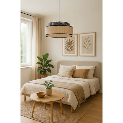 Luster na lanku BOHO 1xE27/60W/230V pr. 40 cm čierna/ratan