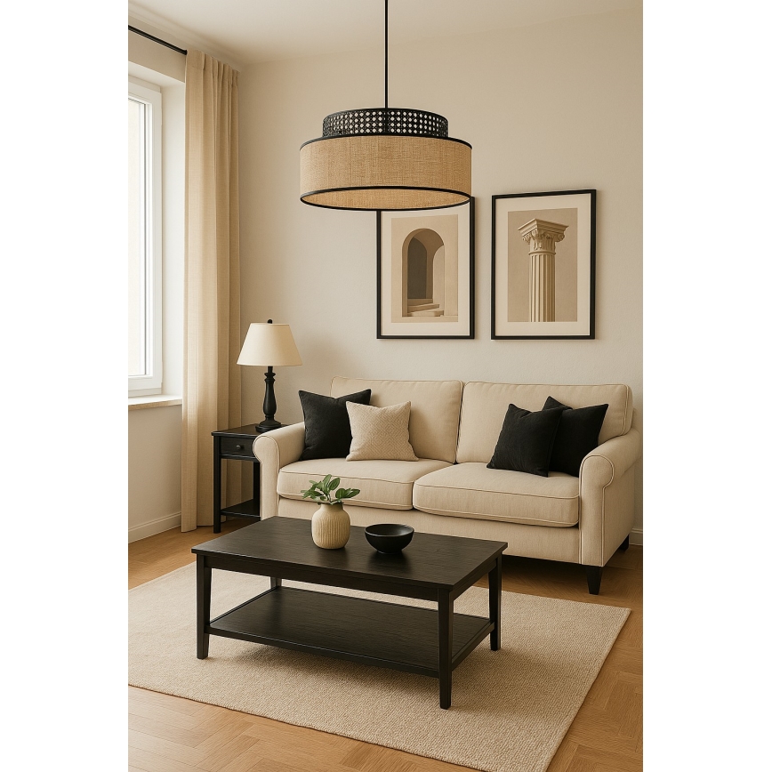 Luster na lanku BOHO 1xE27/60W/230V pr. 40 cm čierna/ratan