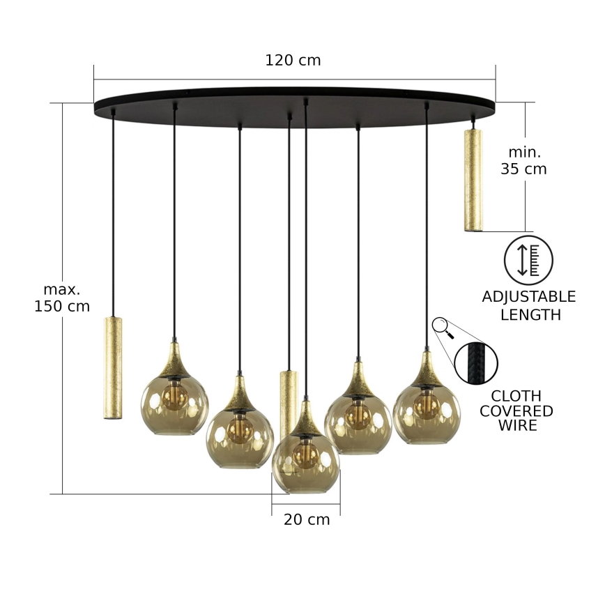 Luster na lanku CALYPSO 3xGU10/60W/230V + 5xE27/60W čierna/zlatá