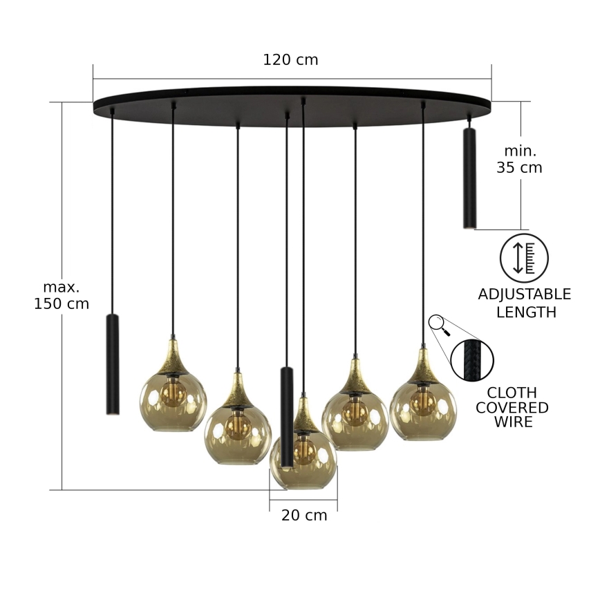 Luster na lanku CALYPSO 3xGU10/60W/230V + 5xE27/60W čierna/zlatá