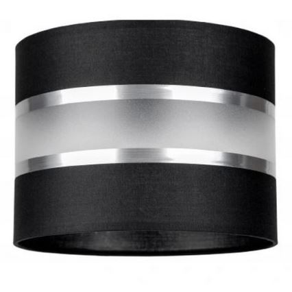 Čierny valcový tienidlo s dvoma striebornými pásikmi a priesvitnou vrstvou medzi nimi je zobrazený na bielom pozadí.