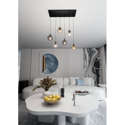 Luster na lanku COSMO 6xE14/10W/230V čierna/šedá/béžová/číra