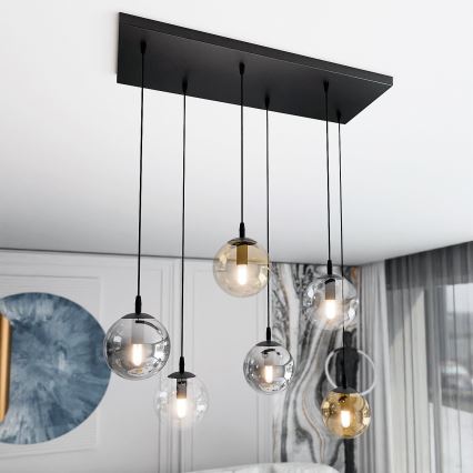 Luster na lanku COSMO 6xE14/10W/230V čierna/šedá/béžová/číra