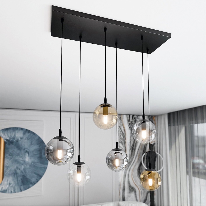 Luster na lanku COSMO 6xE14/10W/230V čierna/šedá/béžová/číra