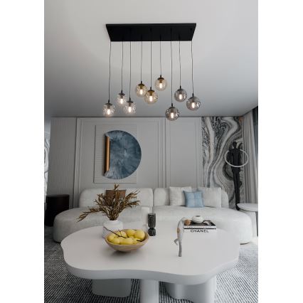 Luster na lanku COSMO 9xE14/10W/230V čierna/šedá/béžová/číra