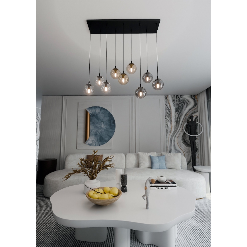 Luster na lanku COSMO 9xE14/10W/230V čierna/šedá/béžová/číra