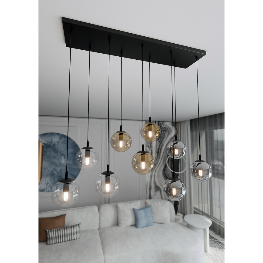 Luster na lanku COSMO 9xE14/10W/230V čierna/šedá/béžová/číra