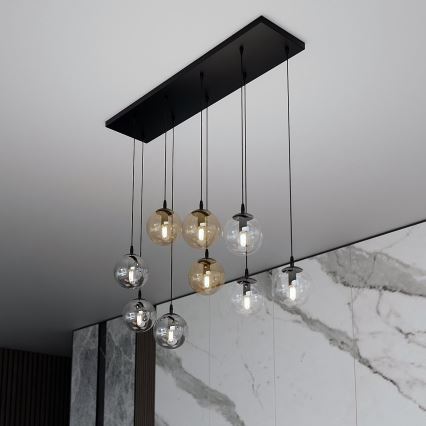 Luster na lanku COSMO 9xE14/10W/230V čierna/šedá/béžová/číra