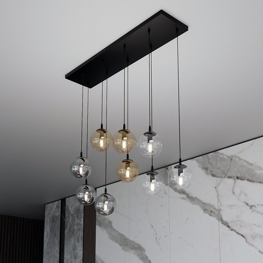 Luster na lanku COSMO 9xE14/10W/230V čierna/šedá/béžová/číra