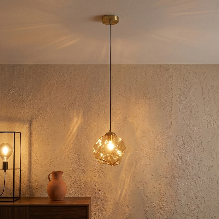 Luster na lanku CRISTAL 1xE14/15W/230V mosadz/dymovo-béžová