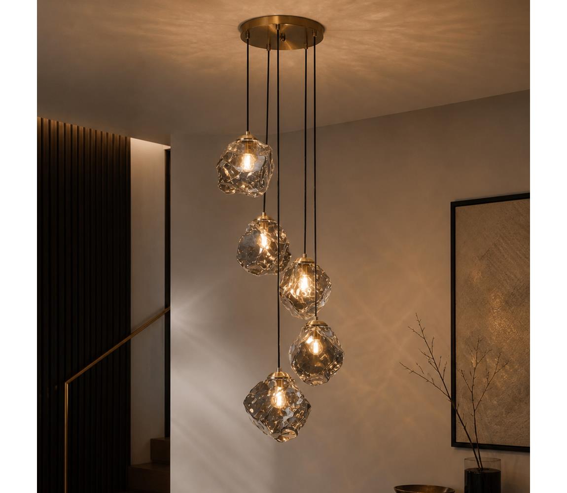 Luster na lanku CRISTAL 5xE14/15W/230V mosadz/dymová čierna LM-5.302/PATYNA/SMOKY