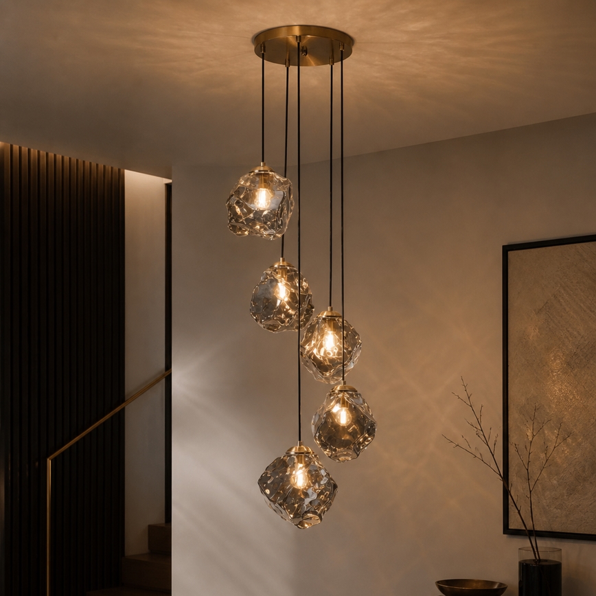 Luster na lanku CRISTAL 5xE14/15W/230V mosadz/dymová čierna