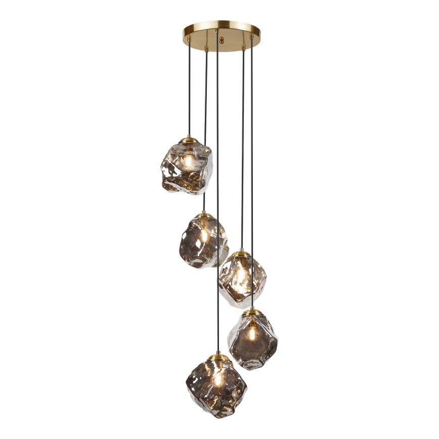 Luster na lanku CRISTAL 5xE14/15W/230V mosadz/dymová čierna