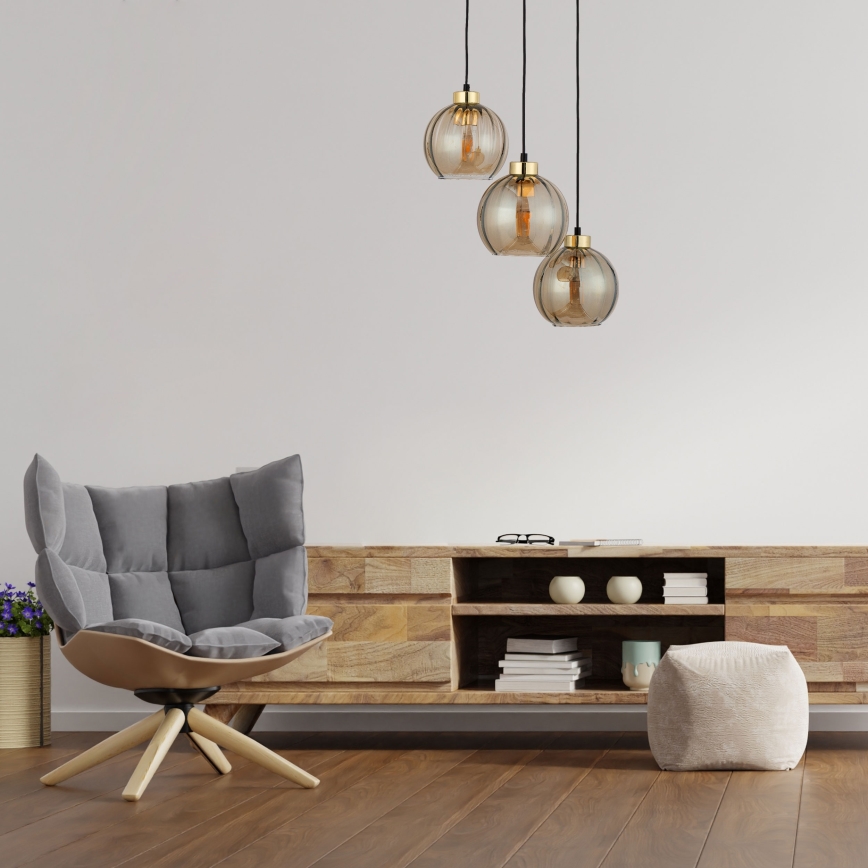 Luster na lanku DEVI 3xE27/15W/230V čierna/dymová béžová