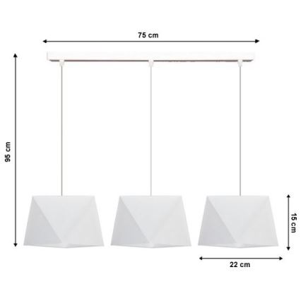 Trojité závesné svietidlo s bielymi geometrickými tienidlami visí z rovnej lišty. Rozmery: celková dĺžka 75 cm, výška 95 cm, šírka tienidla 22 cm, výška tienidla 15 cm.