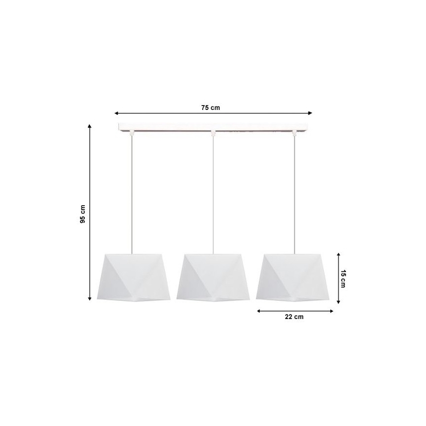 Trojité závesné svietidlo s bielymi geometrickými tienidlami visí z rovnej lišty. Rozmery: celková dĺžka 75 cm, výška 95 cm, šírka tienidla 22 cm, výška tienidla 15 cm.