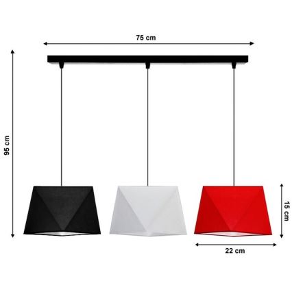 Trojité závesné svietidlo s trojuholníkovými tienidlami v čiernej, bielej a červenej farbe visí z čiernej lišty. Rozmery: 75 cm (šírka), 95 cm (výška), 22 cm (tienidlo).