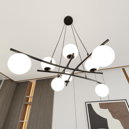Luster na lanku ESSA 8xE14/10W/230V čierna/biela