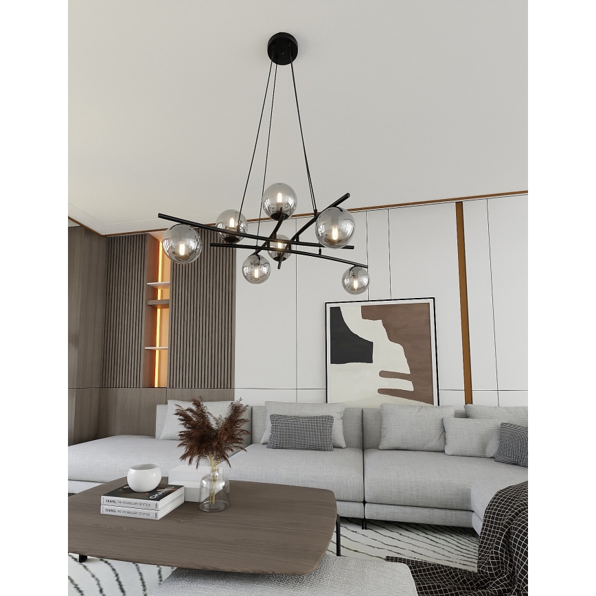Luster na lanku ESSA 8xE14/10W/230V čierna/dymová