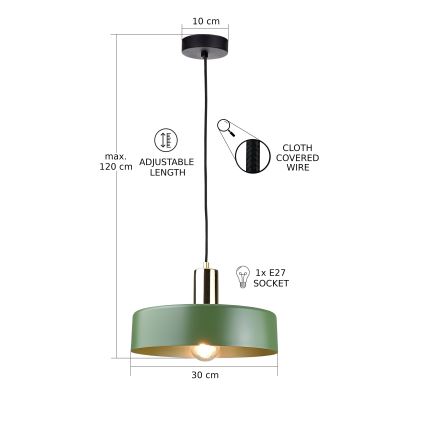Luster na lanku HAKI 1xE27/60W/230V zelená/čierna/lesklý chróm