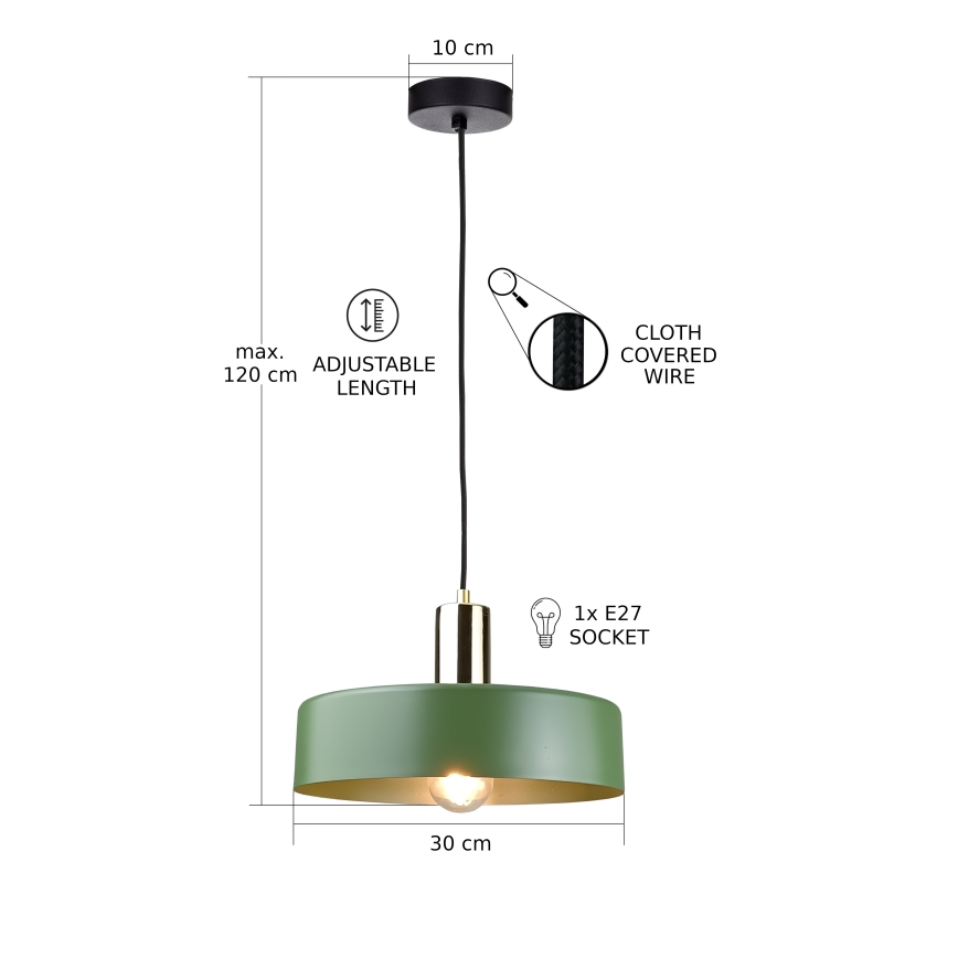 Luster na lanku HAKI 1xE27/60W/230V zelená/čierna/lesklý chróm