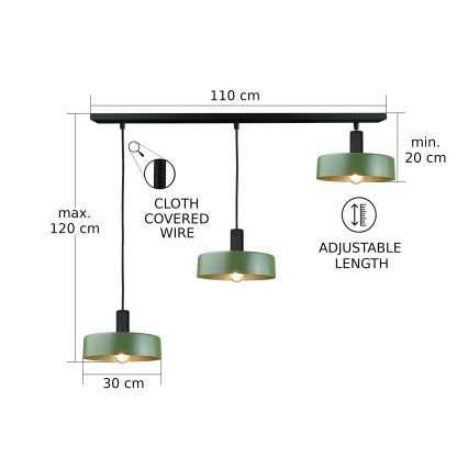 Luster na lanku HAKI 3xE27/60W/230V zelená/čierna