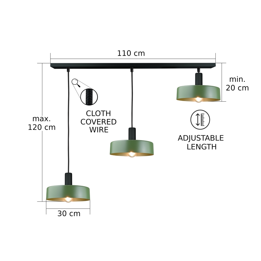 Luster na lanku HAKI 3xE27/60W/230V zelená/čierna