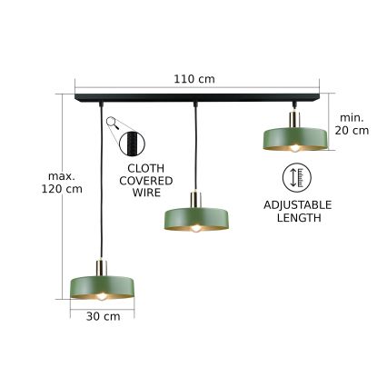 Luster na lanku HAKI 3xE27/60W/230V zelená/čierna/lesklý chróm
