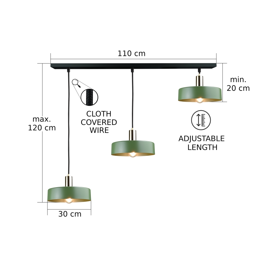 Luster na lanku HAKI 3xE27/60W/230V zelená/čierna/lesklý chróm