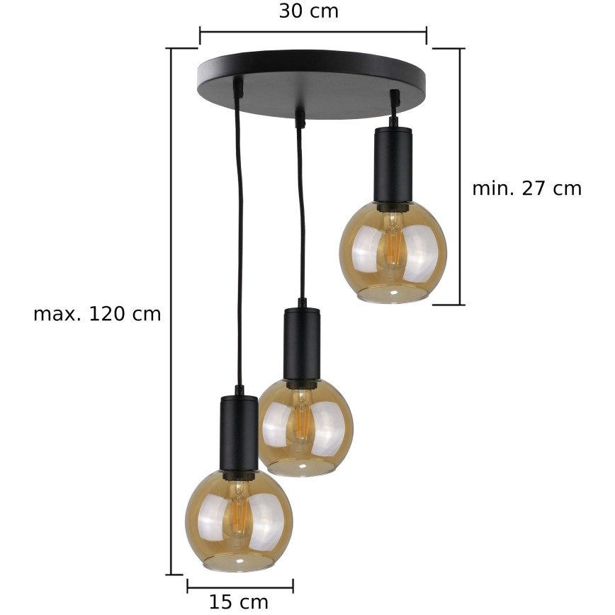 Luster na lanku JANTAR BLACK 3xE27/60W/230V pr. 30 cm