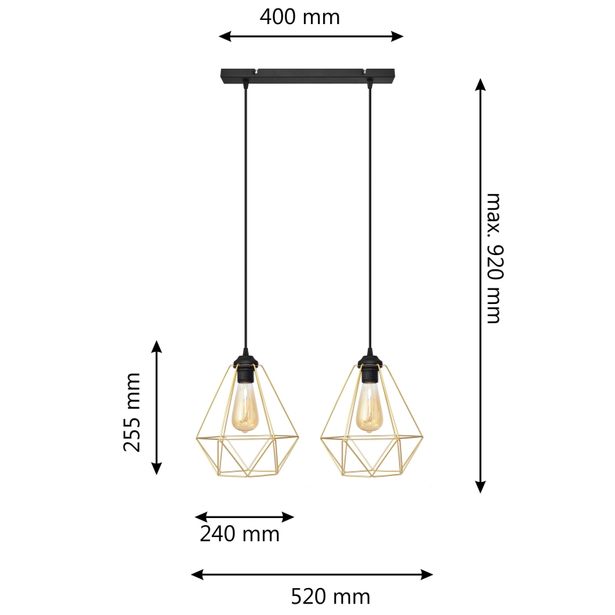 Luster na lanku KARO 2xE27/15W/230V zlatá/čierna