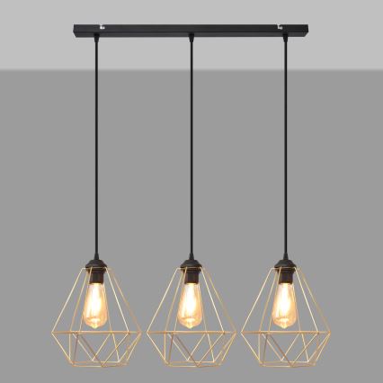 Luster na lanku KARO 3xE27/15W/230V zlatá/čierna