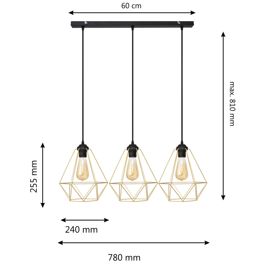 Luster na lanku KARO 3xE27/15W/230V zlatá/čierna